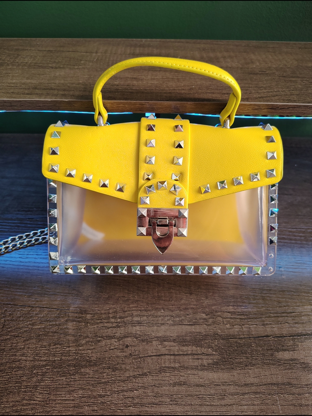 Yellow Studded Clear Top-Handle Crossbody Bag